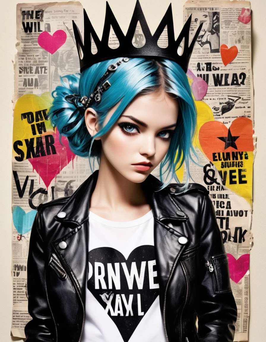 punk collage style Wild heart She wears a crown Riding through the city Breaking every rule in town She’s got a fire burning deep in her eyes An outlaw princess Breaking free from ties.
Leather jacket Flowers in her hair She dances like a rebel With a rebellious flair She’s got a voice that shakes the ground An outlaw princess Never backing down. mixed media, papercut,textured paper, overlapping, ripped posters, safety pins, chaotic layers, graffiti-style elements, anarchy symbols, vintage photos, cut-and-paste aesthetic, bold typography, distorted images, political messages, urban decay, distressed textures, newspaper clippings, spray paint, rebellious icons, DIY spirit, vivid colors, punk band logos, edgy and raw compositions,