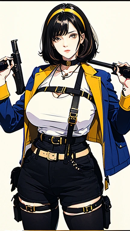 (((Cabelo longo))) black hair yellow eyes pale skin muscular girl huge breasts jacket, holster, gun holster, bondage gear, choker, headband, pantyhose, two-tone harness, Ampla abertura, Baixo ISO, white balance, rule of thirds, 8K CRU,