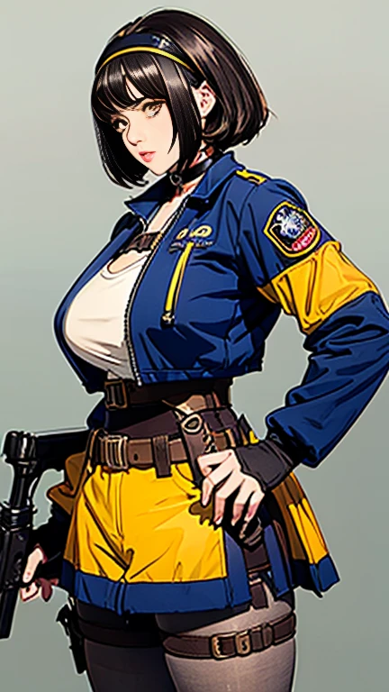 (((Cabelo longo))) black hair yellow eyes pale skin muscular girl huge breasts jacket, holster, gun holster, bondage gear, choker, headband, pantyhose, two-tone harness, Ampla abertura, Baixo ISO, white balance, rule of thirds, 8K CRU, 