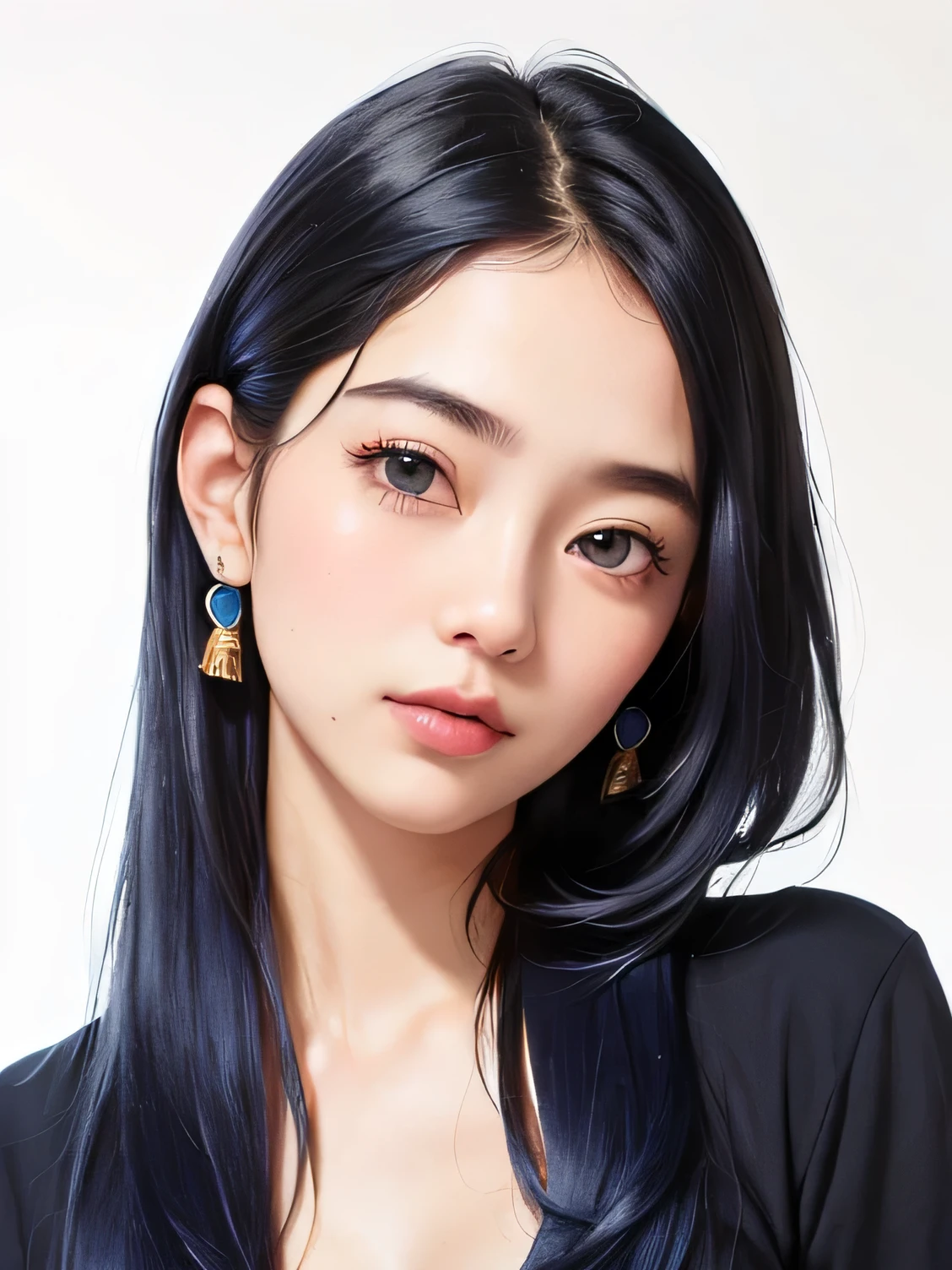((vivid, Realistic: 1.5), No background: 1.0, Portrait of a beautiful 17 year old Japanese girl: 1.2, Light Gray Background: 1.1, Breast augmentation: 1.5, cute: 1.0,Depicting from head to waist、Follow me please (sit and smile): 1.2,
Very long hair: 1.2, Navy Blue Hair: 1.2, Small face: 1.1, Messy Hair: 1.2,Lowered eyebrows:1.1 Big Eyes、Captivating facial expression