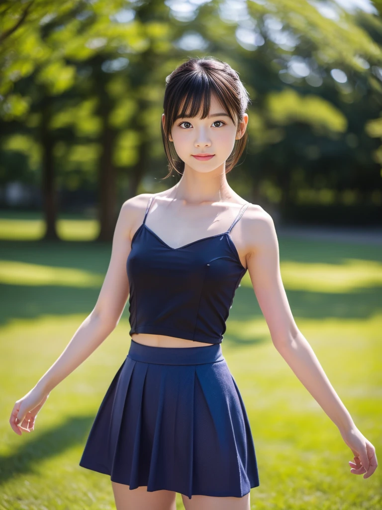 (masterpiece, highest quality:1.4), Award-winning portraits, 8k, 85mm, alone, Beautiful Face, Delicate girl,  (Cheerleader、On the grass), Sophisticated, cute, 15 years old, RAW Photos, Confused, High resolution, Sharp focus, Background blur、(((Flat  、thin and delicate body、Childish atmosphere)))、shiny semi-long hair、ponytail、Mole on the left cheek、 Dark blue eyes、High Kick、the skirt is swaying in the wind、Hair swaying in the wind、sexy、Flexible legs