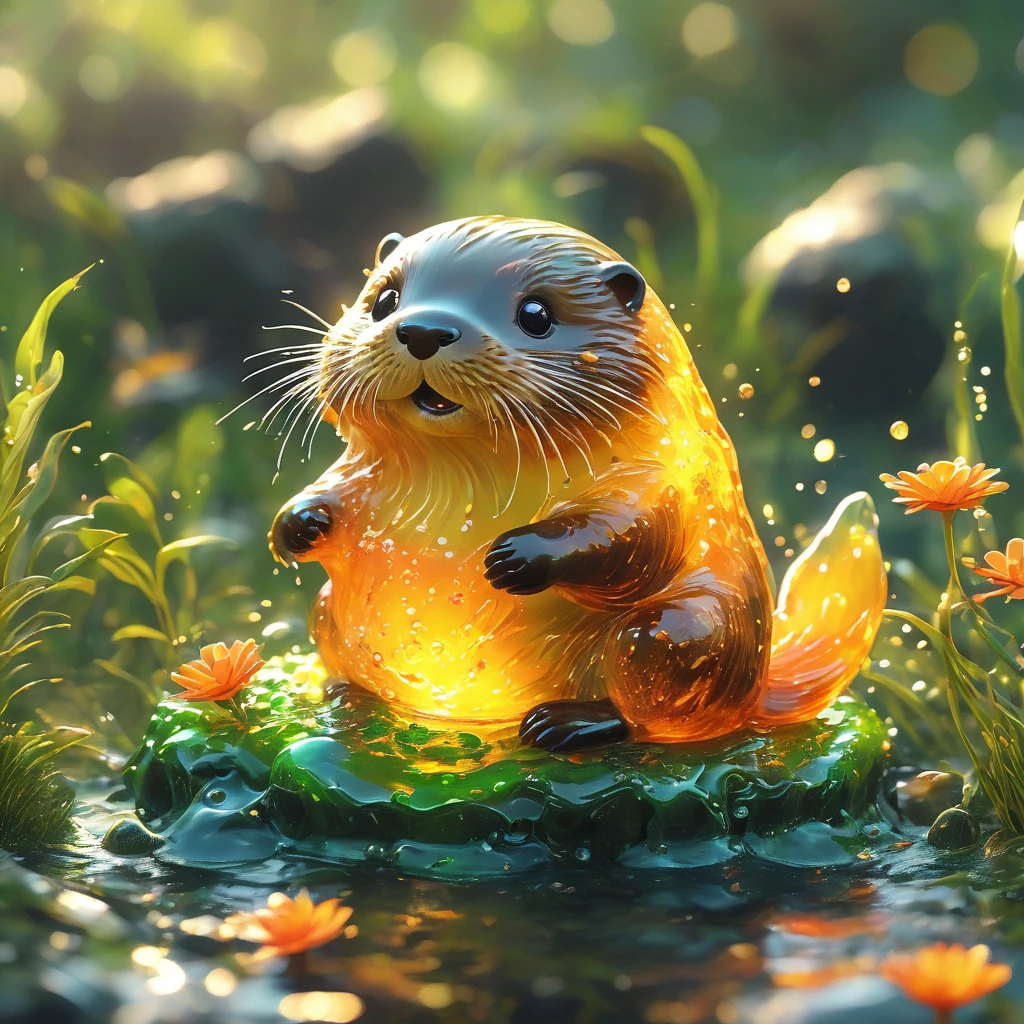 best quality, very good, 16K, ridiculous, Extremely detailed, Cute slime otter，Made of translucent boiling lava, Background grassland（（A masterpiece full of fantasy elements）））， （（best quality））， （（Intricate details））（8k）