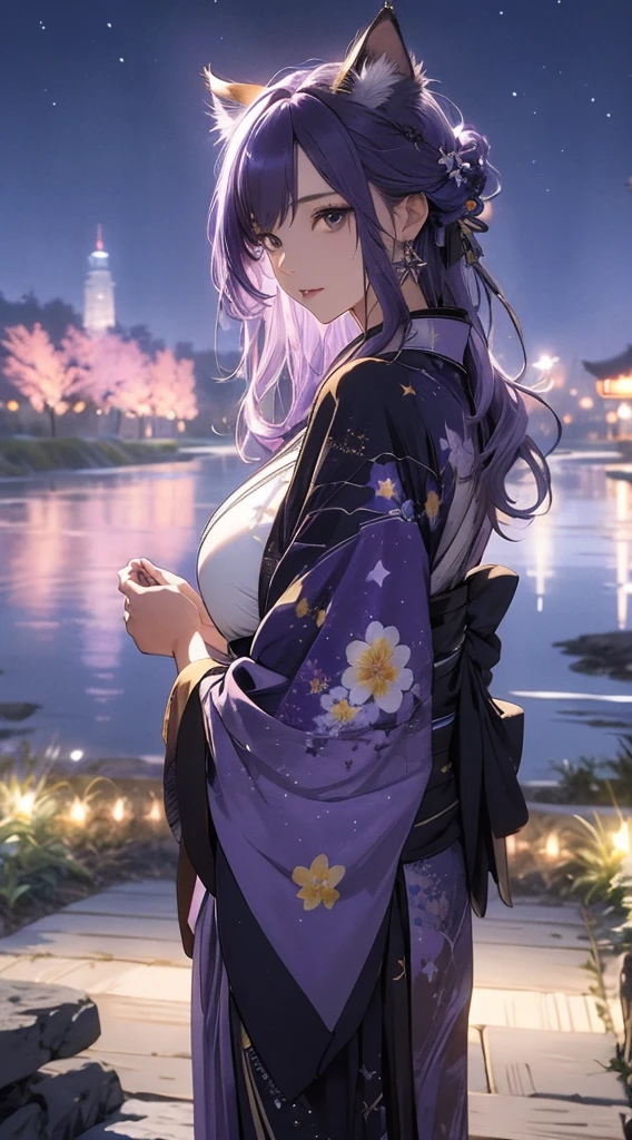 masterpiece, high quality, 4K, Beautiful design, silhouette,Light purple hair, 非常に詳細な夜のStarry Sky,Flower Field, wonderful, Finer details, Very knowledgeable woman, Highly detailed solo, 1 female,Cat ear,Big Breasts,kimono,Night view,Starry Sky,full moon,