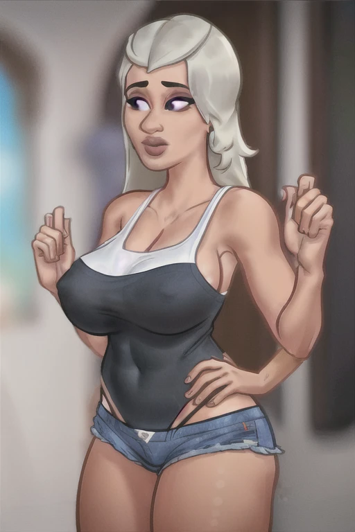 (obra de arte, melhor qualidade:1.2), encher a cara, 1 garota, seios, Shorts, Cabelo longo, Sozinho, jeans, jaqueta, olhos azuis, gargantilha, rabo de cavalo, jeans Shorts, olhando para o espectador, cabelo branco, short Shorts, sideboob, regata, black gargantilha, coxas, corar, large seios, decote, roupas abertas, open jaqueta, mangas compridas, blue jaqueta, ao ar livre, cidade,