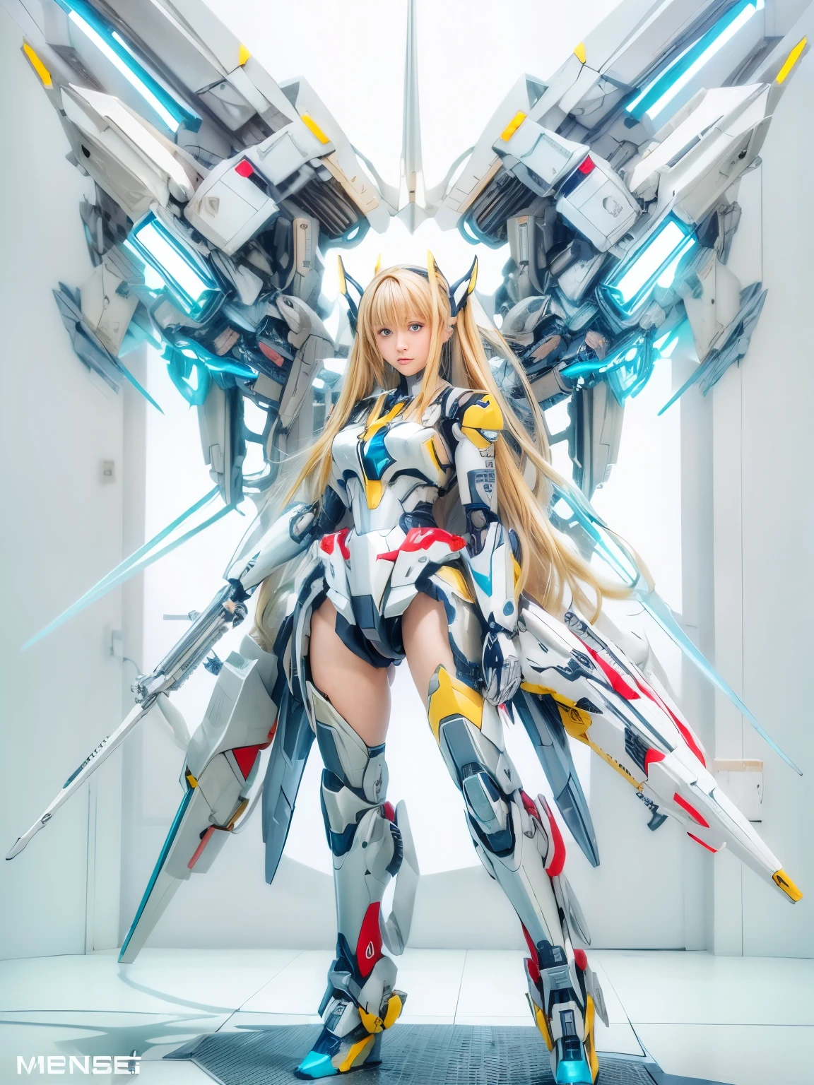 [(White Background:1.5),::5], masterpiece, Absurd, highest quality, Best aesthetics, Super detailed, One girl, alone, Yellow Hair, Long Hair, blue eyes, SF, (mecha musume:1.4), Machinery Parts, headgear, V-fin, Mechanical Wing, Machinery Armor, Smile, ((Neon Light Blue)), From below the knee to the upper body