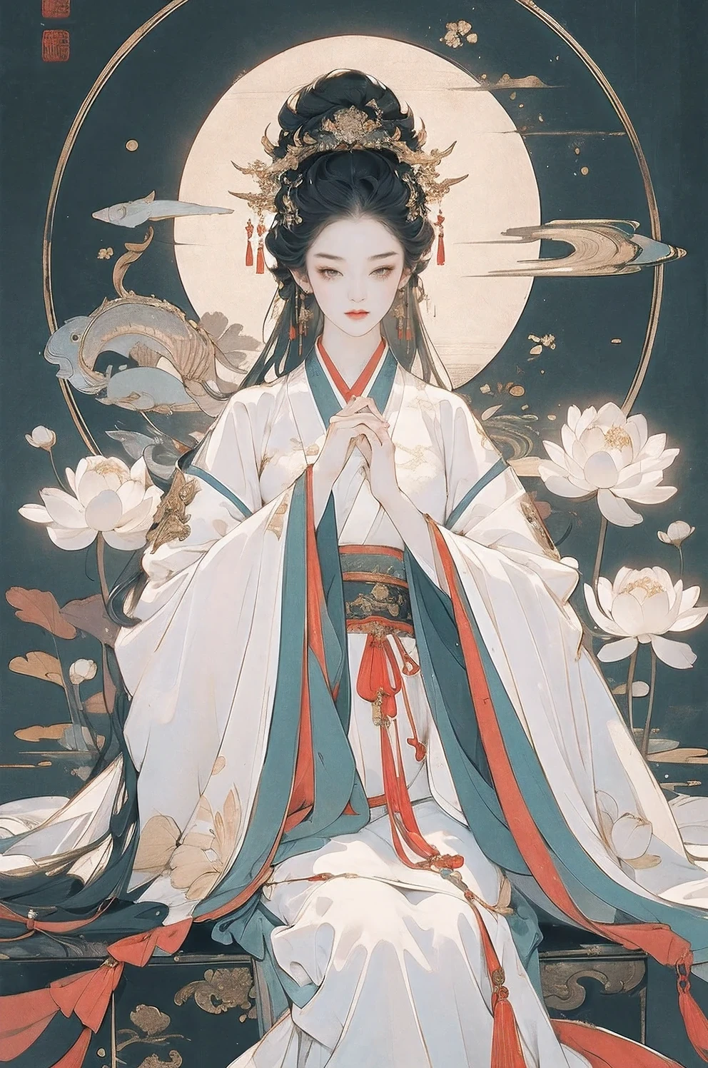 masterpiece,best quality,huge filesize,masterpiece,best quality,(((masterpiece))),(((best quality))),
((4k,masterpiece,best quality)),shuimobysim,traditional chinese ink painting,lotus,hanfu,maxiskit,dress conservatively 1 girl,solo,white hair,long hair,fox ears,white,bikini,fish,many fish near girl,look at viewer,tease,, (masterpiece, top quality, best quality, official art, beautiful and aesthetic:1.2),