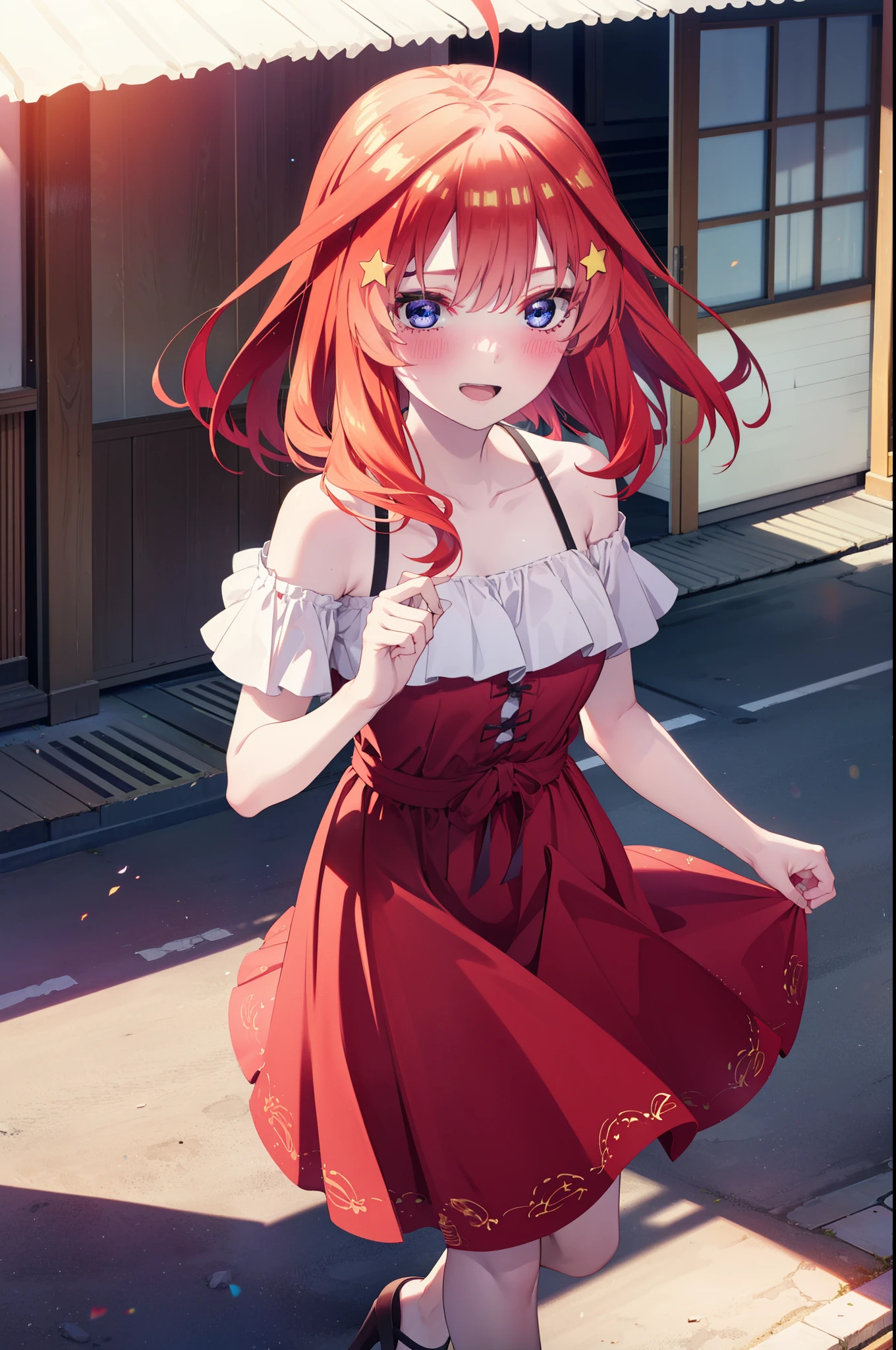 itsukinakano, Itsuki Nakano, bangs, blue eyes, Hair between the eyes, Ahoge, Redhead, star \(symbol\), hair ornaments, star hair ornaments,star型ペンダント,happy smile, smile, Open your mouth,Off-the-shoulder red dress,Bare shoulders,Spring collarbone,Bare neck,Bare arms,Red long skirt,Cute heeled sandals,True Summer,Daytime,Clear skies,My hair is blowing in the wind,whole bodyがイラストに入るように,
break outdoors, In town,海岸通り
break looking at viewer, whole body,
break (masterpiece:1.2), highest quality, High resolution, unity 8k wallpaper, (figure:0.8), (Beautiful fine details:1.6), Highly detailed face, Perfect lighting, Highly detailed CG, (Perfect hands, Perfect Anatomy),