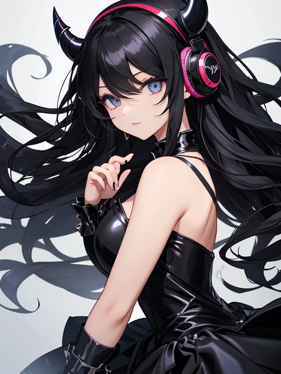 1 Female、Devils Rock Women、Black metallic headphones、An elegant dress inspired by devils and rock music、Shiny black material、Black Hair、Curly Hair、Big droopy eyes、Sparkling eyes、Leaning forward、Perfect proportions、