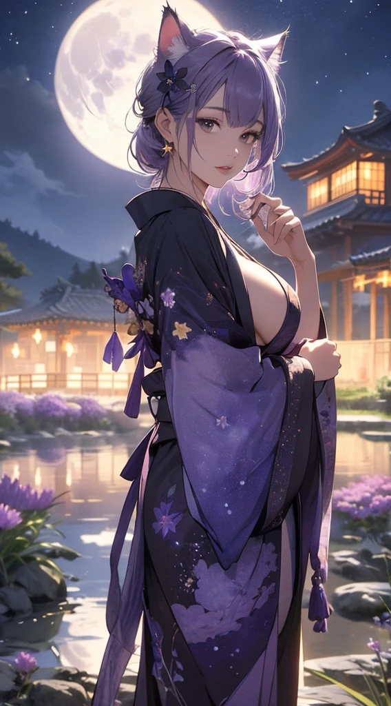 masterpiece, high quality, 4K, Beautiful design, silhouette，Light purple hair， 非常に詳細な夜のStarry Sky,Flower Field， wonderful, Finer details,  Very knowledgeable woman, Highly detailed solo, 1 female,Cat ear，Big Breasts，kimono，Night view，Starry Sky，full moon，