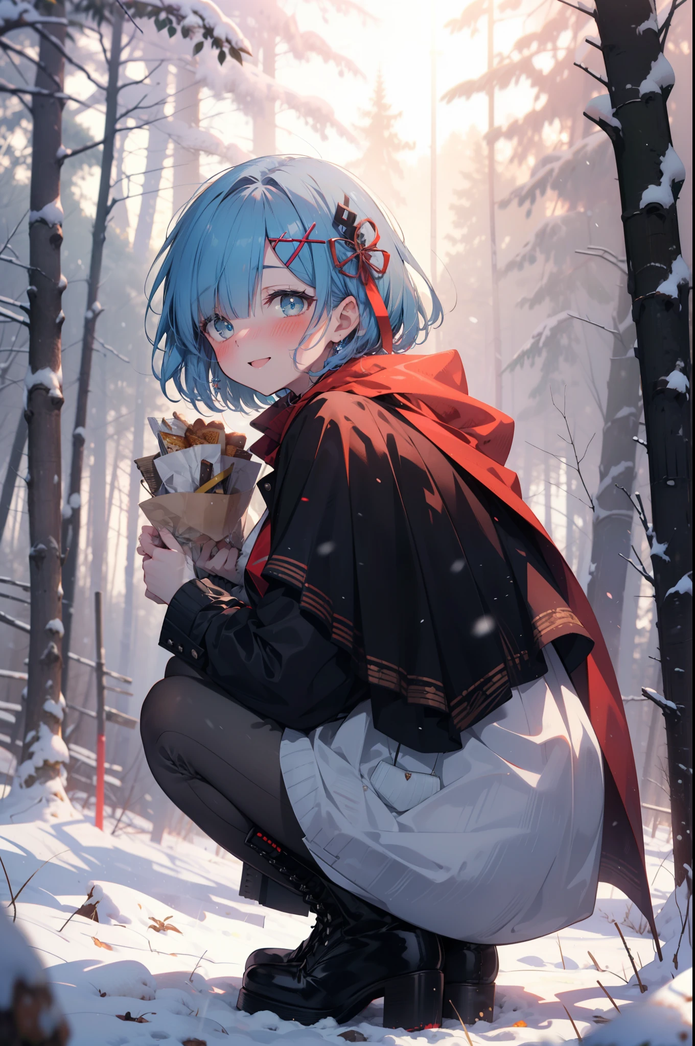 rezeroRem, Rem, blue eyes, Blue Hair, hair ornaments, Hair on one eye, hair ribbon, short hair, x hair ornaments,smile,blush,White Breath,
Open your mouth,snow,Ground bonfire, Outdoor, boots, snowing, From the side, wood, suitcase, Cape, Blurred, having meal, forest, White handbag, nature, Squat, Mouth closed, Cape, winter, Written boundary depth, Black shoes, red Cape break looking at viewer, Upper Body, whole body, break Outdoor, forest, nature, break (masterpiece:1.2), highest quality, High resolution, unity 8k wallpaper, (shape:0.8), (Beautiful and beautiful eyes:1.6), Highly detailed face, Perfect lighting, Highly detailed CG, (Perfect hands, Perfect Anatomy),