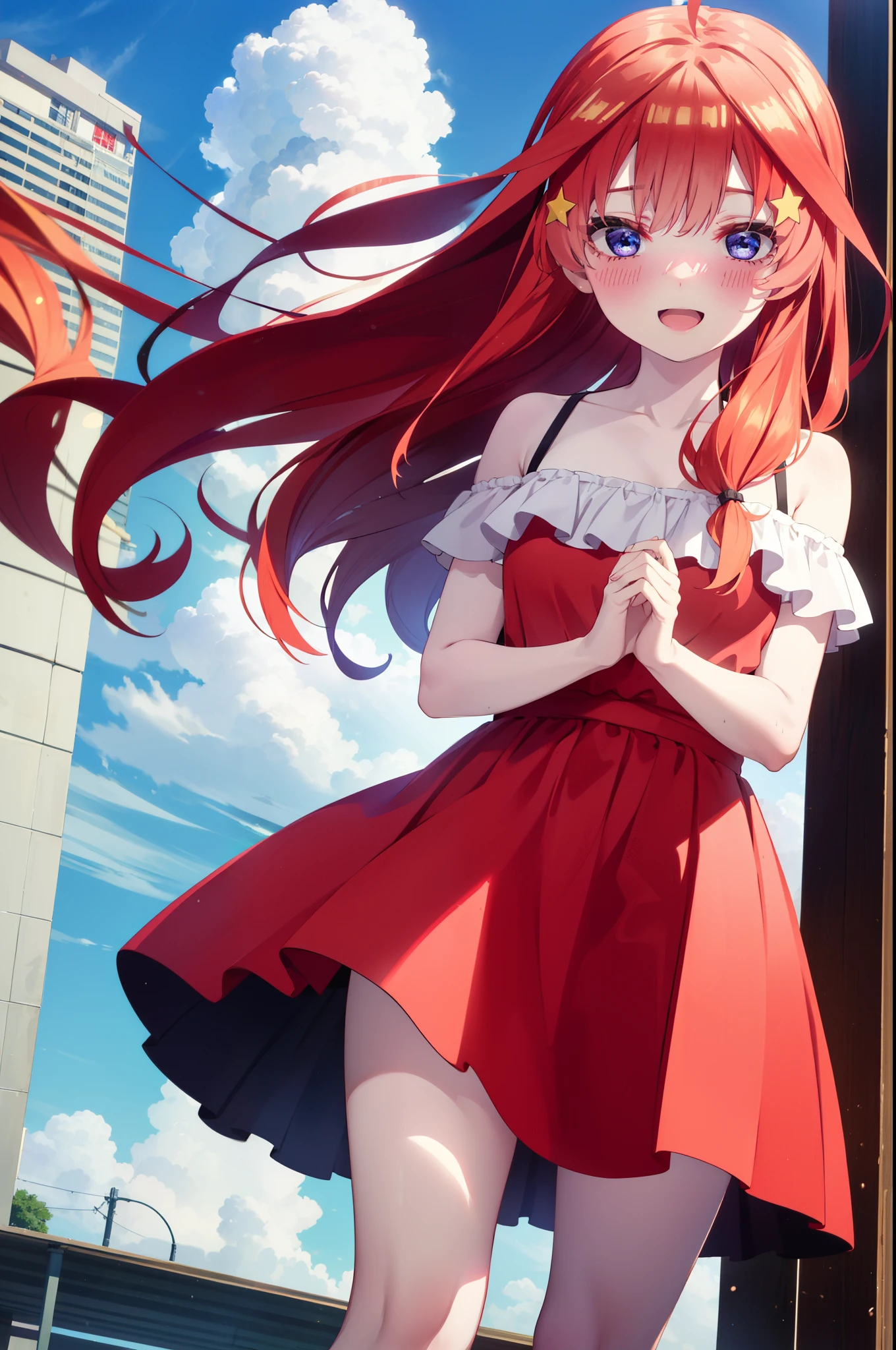 itsukinakano, Itsuki Nakano, bangs, blue eyes, Hair between the eyes, Ahoge, Redhead, star \(symbol\), hair ornaments, star hair ornaments,star型ペンダント,happy smile, smile, Open your mouth,Off-the-shoulder red dress,Bare shoulders,Spring collarbone,Bare neck,Bare arms,Red long skirt,Cute heeled sandals,True Summer,Daytime,Clear skies,My hair is blowing in the wind,whole bodyがイラストに入るように,
break outdoors, In town,海岸通り
break looking at viewer, whole body,
break (masterpiece:1.2), highest quality, High resolution, unity 8k wallpaper, (figure:0.8), (Beautiful fine details:1.6), Highly detailed face, Perfect lighting, Highly detailed CG, (Perfect hands, Perfect Anatomy),