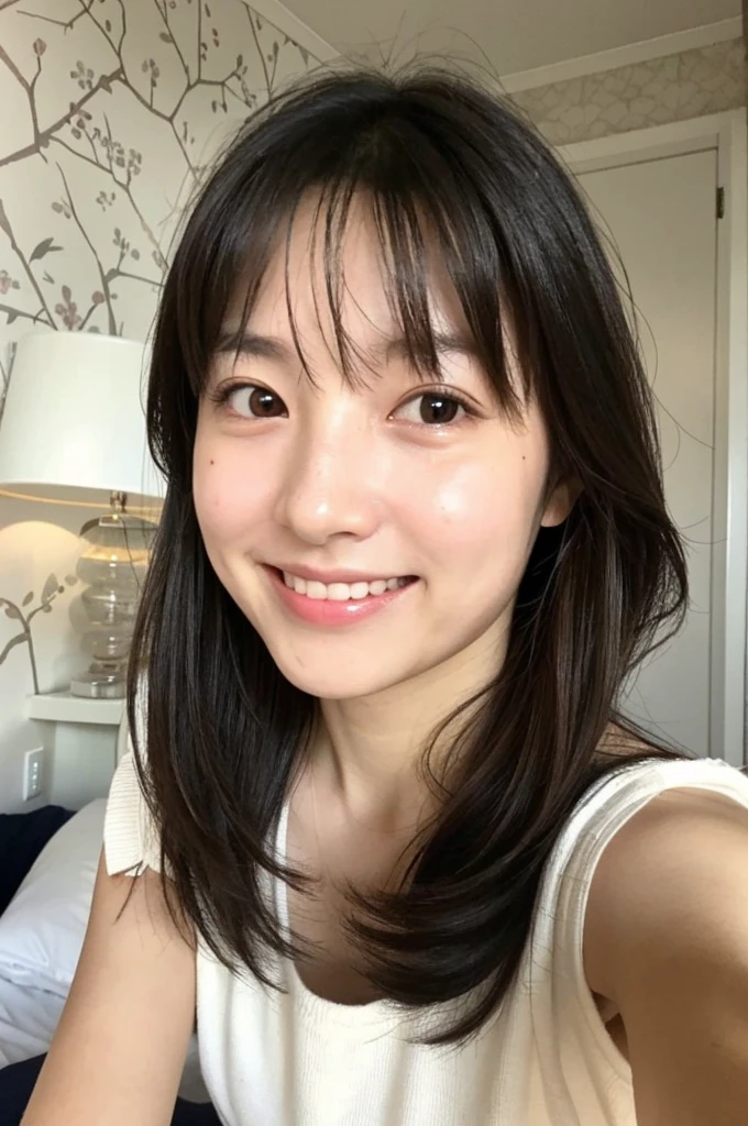 1 female, Selfie、Face close-up、shy-smile、Large tear bags、Room lighting:none、Front lighting:weak、Photos taken with an iPhone、Cute Japanese half-haired girl、profile、Looking at the camera、Camisole, White Wallpaper Only, Unlit room、