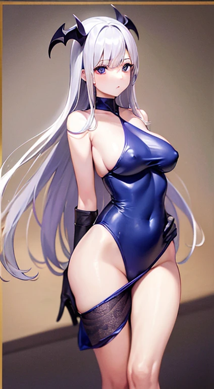 Laquadia,Big Breasts,jewelry,Gray Hair、Long Hair、High resolution、high quality、Long gloves、Blue swimsuit、青いLong gloves、超High resolution, (Film Grain: 1.4)、very, very big breasts、Troubled face、Nipple Pochi、horn、Erect nipples、Breast milk、Succubus、Small devil、 from the nipples