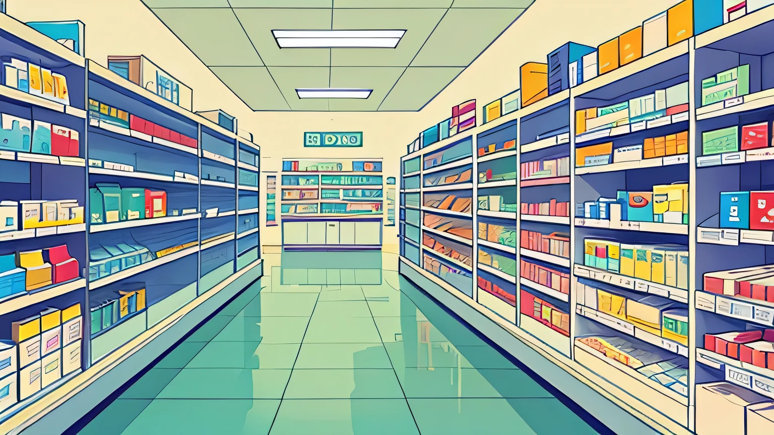 aisle of a pharmacy, no people, simple comic style