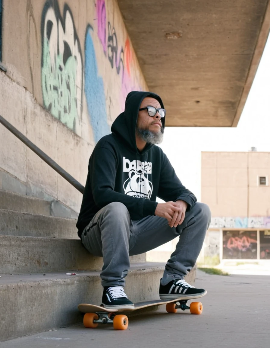 gutto2024abr, Skater Amidst Urban Decay
(Masterpiece, 8K, UHD, photorealistic, studio chiaroscuro lighting, Sony Alpha mirrorless camera: 1.4)
Person:
* Casual skater:
* Sporting a well-worn pair of glasses perched on his nose
* A neatly trimmed beard framing his face
* Dressed in a comfortable hoodie and sweatpants, exuding a laid-back vibe
* Sneakers showcasing years of skateboarding adventures
* Seated casually on a weathered stair step, his skateboard resting at his feet
Setting:
* Dilapidated urban backdrop:
* Graffiti-adorned walls, each mural a testament to the neighborhood's vibrant spirit
* Crumbling structures hinting at a forgotten era
* Sunbeams piercing through cracks in the aging architecture, casting long, dramatic shadows
* A sense of urban decay permeating the air, yet a hidden beauty amidst the ruins
Additional Details:
* The skater's eyes reflect the vibrant colors of the graffiti, hinting at his connection to the urban landscape.
* His worn-out clothing and skateboard bear the marks of countless skateboarding sessions.
* A faint smile plays on his lips as he observes the world around him, exuding a sense of tranquility amidst the chaos.
* The chiaroscuro lighting accentuates the contrast between the skater's light-filled figure and the dark, gritty surroundings.
* The Sony Alpha mirrorless camera captures every minute detail, from the textures of the graffiti to the subtle expressions on the skater's face.