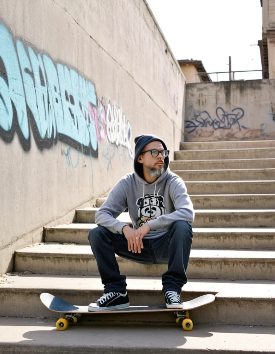 gutto2024abr, Skater Amidst Urban Decay
(Masterpiece, 8K, UHD, photorealistic, studio chiaroscuro lighting, Sony Alpha mirrorless camera: 1.4)
Person:
* Casual skater:
* Sporting a well-worn pair of glasses perched on his nose
* A neatly trimmed beard framing his face
* Dressed in a comfortable hoodie and sweatpants, exuding a laid-back vibe
* Sneakers showcasing years of skateboarding adventures
* Seated casually on a weathered stair step, his skateboard resting at his feet
Setting:
* Dilapidated urban backdrop:
* Graffiti-adorned walls, each mural a testament to the neighborhood's vibrant spirit
* Crumbling structures hinting at a forgotten era
* Sunbeams piercing through cracks in the aging architecture, casting long, dramatic shadows
* A sense of urban decay permeating the air, yet a hidden beauty amidst the ruins
Additional Details:
* The skater's eyes reflect the vibrant colors of the graffiti, hinting at his connection to the urban landscape.
* His worn-out clothing and skateboard bear the marks of countless skateboarding sessions.
* A faint smile plays on his lips as he observes the world around him, exuding a sense of tranquility amidst the chaos.
* The chiaroscuro lighting accentuates the contrast between the skater's light-filled figure and the dark, gritty surroundings.
* The Sony Alpha mirrorless camera captures every minute detail, from the textures of the graffiti to the subtle expressions on the skater's face.