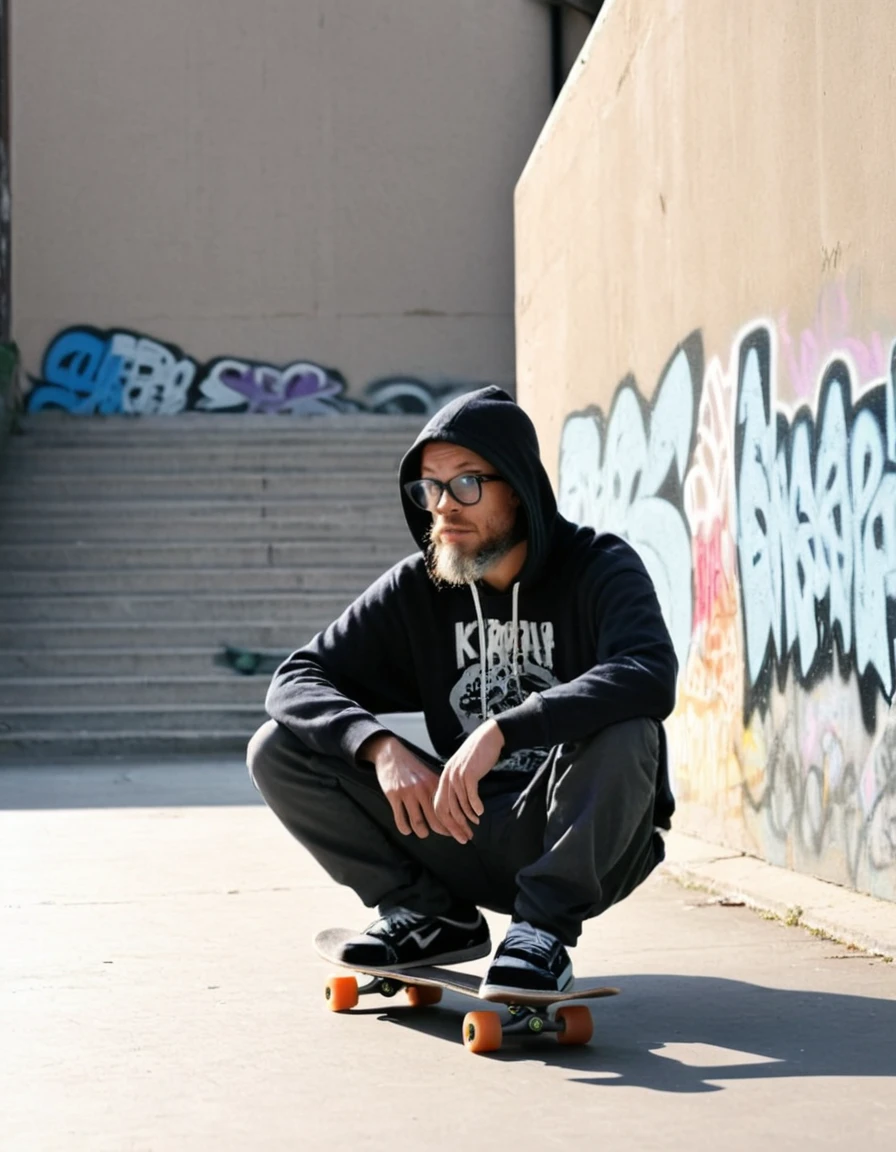 gutto2024abr, Skater Amidst Urban Decay
(Masterpiece, 8K, UHD, photorealistic, studio chiaroscuro lighting, Sony Alpha mirrorless camera: 1.4)
Person:
 * Casual skater:
   * Sporting a well-worn pair of glasses perched on his nose
   * A neatly trimmed beard framing his face
   * Dressed in a comfortable hoodie and sweatpants, exuding a laid-back vibe
   * Sneakers showcasing years of skateboarding adventures
   * Seated casually on a weathered stair step, his skateboard resting at his feet
Setting:
 * Dilapidated urban backdrop:
   * Graffiti-adorned walls, each mural a testament to the neighborhood's vibrant spirit
   * Crumbling structures hinting at a forgotten era
   * Sunbeams piercing through cracks in the aging architecture, casting long, dramatic shadows
   * A sense of urban decay permeating the air, yet a hidden beauty amidst the ruins
Additional Details:
 * The skater's eyes reflect the vibrant colors of the graffiti, hinting at his connection to the urban landscape.
 * His worn-out clothing and skateboard bear the marks of countless skateboarding sessions.
 * A faint smile plays on his lips as he observes the world around him, exuding a sense of tranquility amidst the chaos.
 * The chiaroscuro lighting accentuates the contrast between the skater's light-filled figure and the dark, gritty surroundings.
 * The Sony Alpha mirrorless camera captures every minute detail, from the textures of the graffiti to the subtle expressions on the skater's face.
