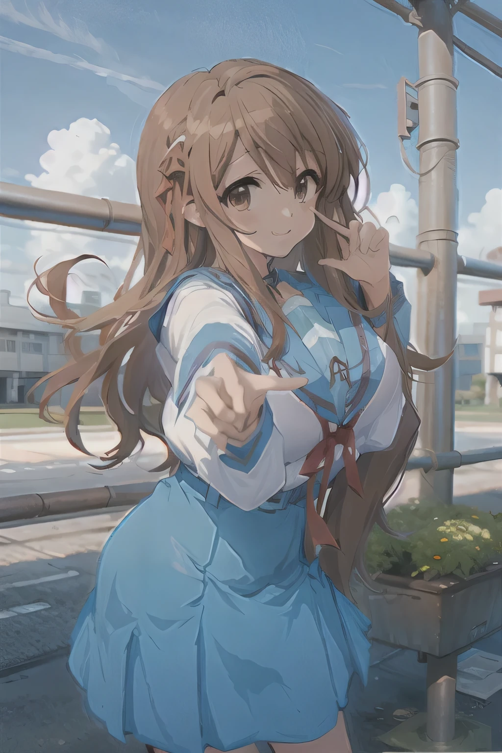 ((masterpiece)), best quality, high resolution, cowboy shot, anime coloring, (((kyoani haruhi style))), 1girl, solo, M((Mikuru Asahina)), ((long hair)), (bangs:1.1), brown hair, brown eyes, (((large breasts))), blue sailor collar, sailor collar, BREAK, (red tie), BREAK, (((white long sleeves shirt and blue collar))), (happy smile), ((cute pose)), (((in the school))), (((blue sky)))