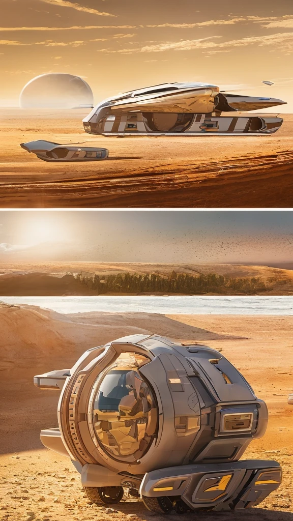 Large futuristic vehicle that is used to transport goods in a desert environment with a planet in the background rising from the horizon 