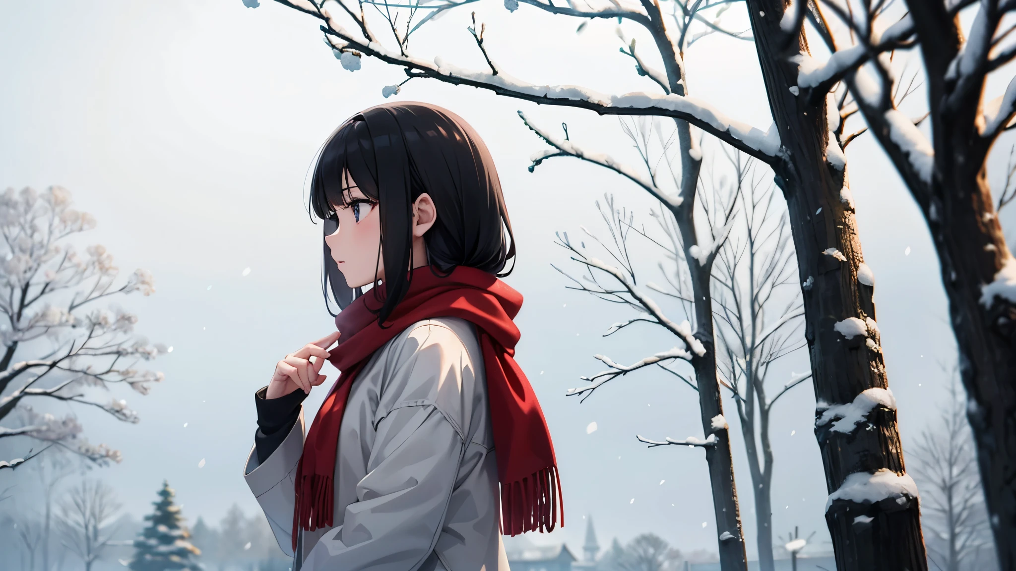 In the quiet snowy winter scenery、Profile of a young woman calmly receiving snow in her palm。She has black hair and a red scarf、Wearing a soft grey coat。In the background is a tree with leaves.々But it is vaguely depicted.、The silence and gentle atmosphere of snow。The art style is anime-like.、Characterized by pale colors and delicate shadows。