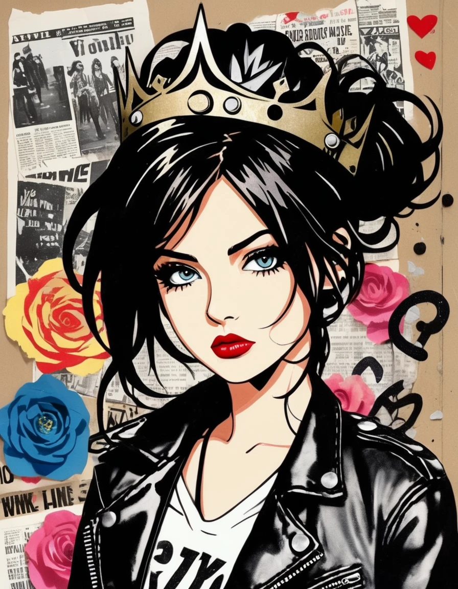 punk collage style Wild heart She wears a crown Riding through the city Breaking every rule in town She’s got a fire burning deep in her eyes An outlaw princess Breaking free from ties.
Leather jacket Flowers in her hair She dances like a rebel With a rebellious flair She’s got a voice that shakes the ground An outlaw princess Never backing down. mixed media, papercut,textured paper, overlapping, ripped posters, safety pins, chaotic layers, graffiti-style elements, anarchy symbols, vintage photos, cut-and-paste aesthetic, bold typography, distorted images, political messages, urban decay, distressed textures, newspaper clippings, spray paint, rebellious icons, DIY spirit, vivid colors, punk band logos, edgy and raw compositions,