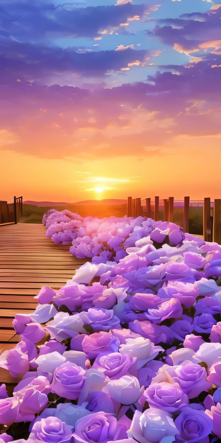 Sunset,Purple roses growing on a wooden walkway, Flower sunset, Beautiful background, Warm and beautiful scene, The Flowery Road to Heaven, Beautiful scenery, scenery is beautiful, Gorgeous and romantic sunset, Beautiful wallpapers, Purple sunset, Glowing flowers, Beautiful iPhone Wallpapers, Landscape Wallpaper, Beautiful background, Beautiful morning, Soft lilac sky, Soft shine, Beautiful aesthetic