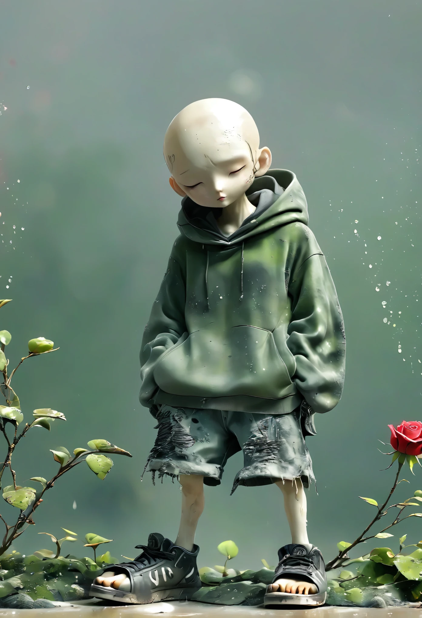 （Best quality：1.2），shabby，Dirty，(((Baldhead，Tattered Hoodie，shorts，shoe，Rose，individual，bone，dynamic，Footwear，))),Rainy Day，in the corner，spring，moss，Small white flowers