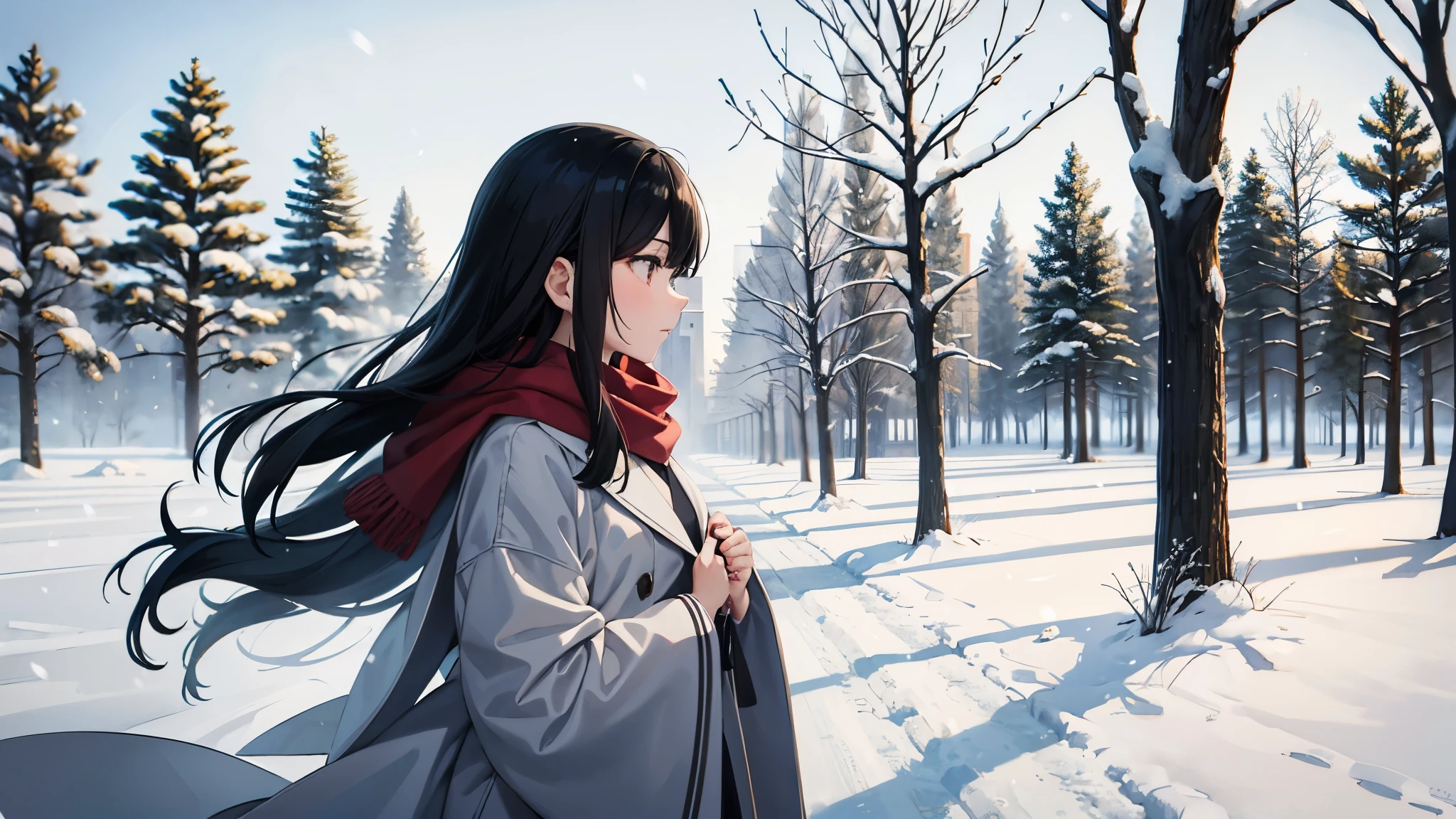 In the quiet snowy winter scenery、Profile of a young woman calmly receiving snow in her palm。She has black hair and a red scarf、Wearing a soft grey coat。In the background is a tree with leaves.々But it is vaguely depicted.、The silence and gentle atmosphere of snow。The art style is anime-like.、Characterized by pale colors and delicate shadows。