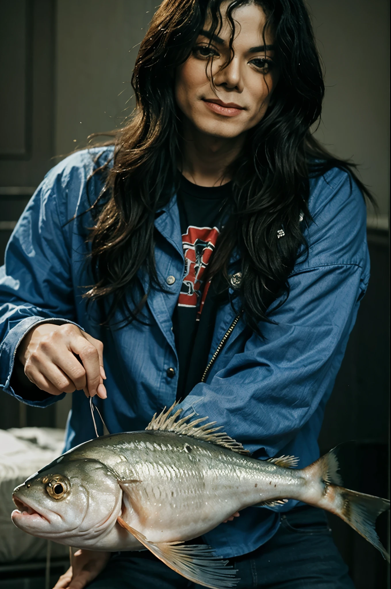 Crie uma imagem do Michael Jackson encima de um peixe