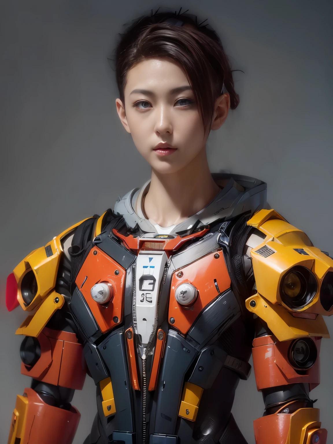 [(White Background:1.5),::5], masterpiece, Absurd, highest quality, Best aesthetics, Super detailed, One girl, alone, Yellow Hair, Long Hair, blue eyes, SF, (mecha musume:1.4), Machinery Parts, headgear, V-fin, Mechanical Wing, Machinery Armor, Smile, ((Neon Light Blue)), From below the knee to the upper body