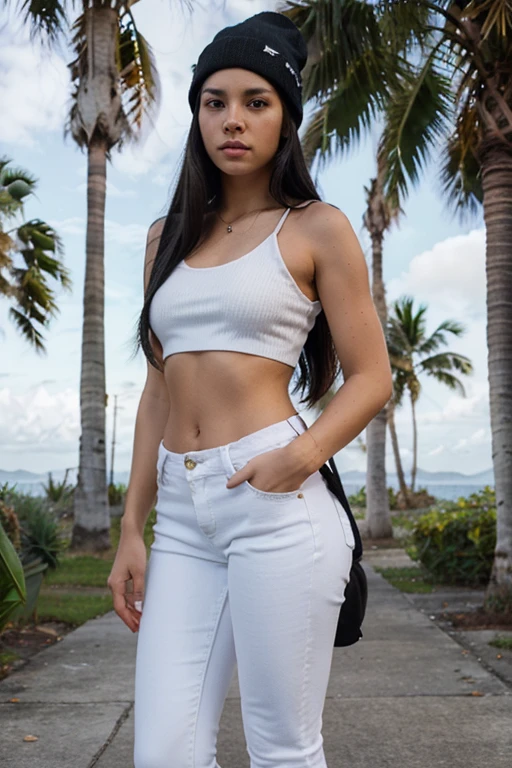 white crop, white low rise jeans, young woman, island, latina, mexican, long black hair, beanie, black nike shoes, standing,