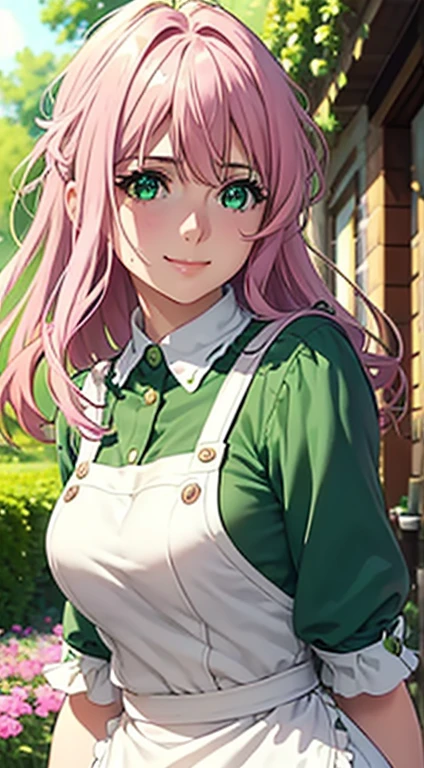 Cute Italian girl, big breasts , Italian lady, Model, long open hair, hair floating, green color full sleeve clothes, white apron, green eyes and pink hair, short skirt, ultra realistic eyes , sunlight and garden background, bright purple eyes, ultra realistic detailed eyes, innocent eyes, looking at camera, beautiful smile, beautiful face ,pink color hair