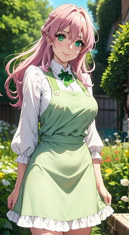 Cute Italian girl, big breasts , Italian lady, Model, long open hair, hair floating,  green color full sleeve clothes, white apron, green eyes and pink hair, short skirt, ultra realistic eyes , sunlight and garden background, bright purple eyes, ultra realistic detailed eyes, innocent eyes, looking at camera, beautiful smile, beautiful face ,pink color hair