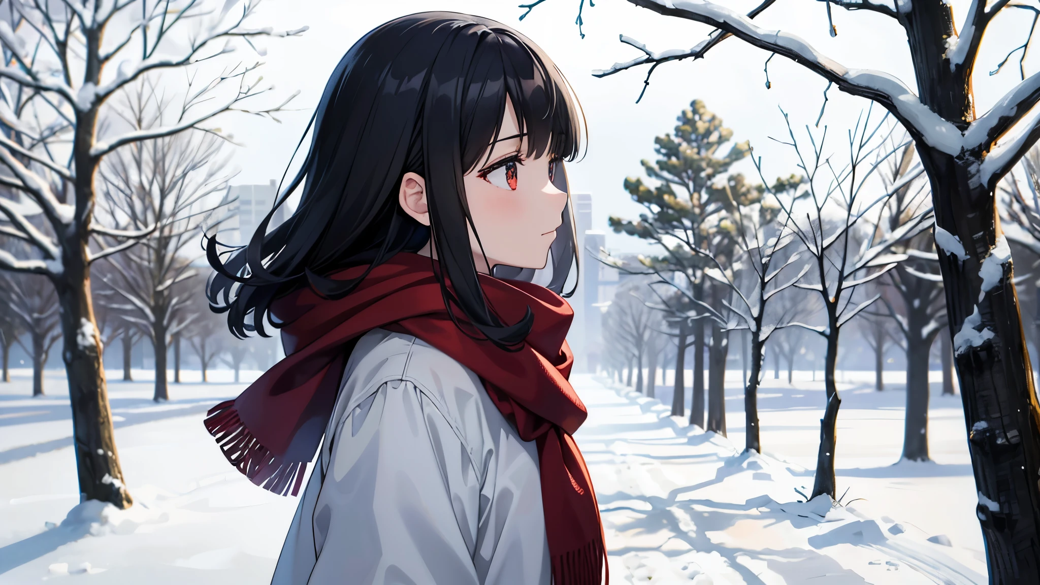 In the quiet snowy winter scenery、Profile of a young woman calmly receiving snow in her palm。She has black hair and a red scarf、Wearing a soft grey coat。In the background is a tree with leaves.々But it is vaguely depicted.、The silence and gentle atmosphere of snow。The art style is anime-like.、Characterized by pale colors and delicate shadows。