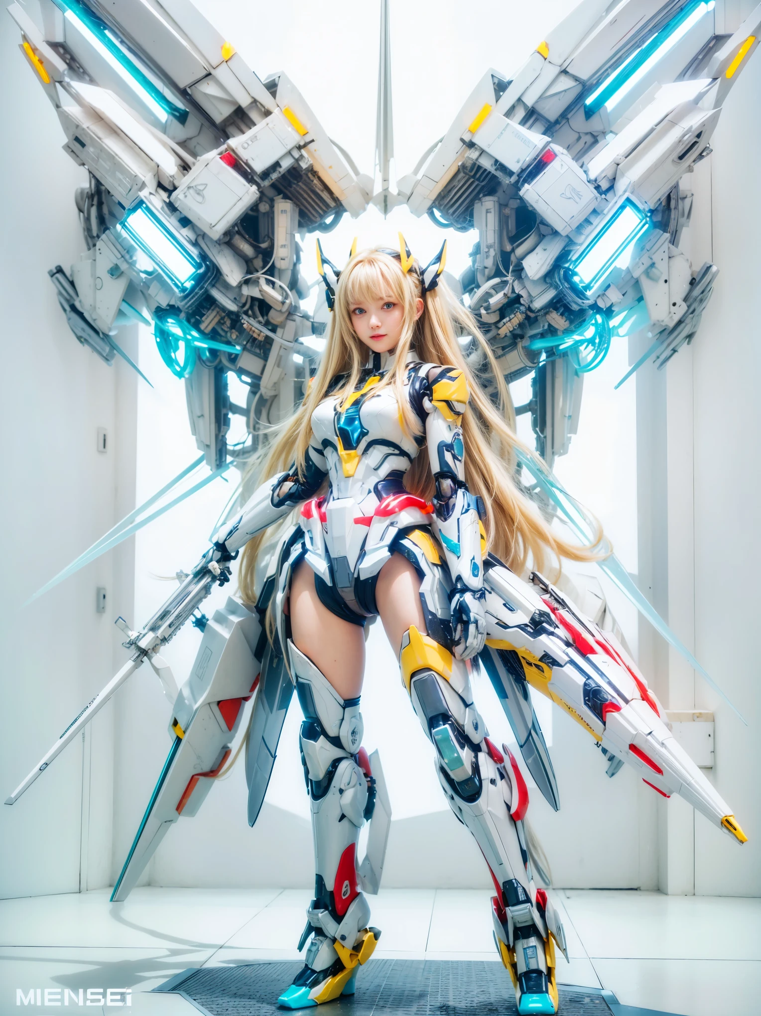 [(White Background:1.5),::5], masterpiece, Absurd, highest quality, Best aesthetics, Super detailed, One girl, alone, Yellow Hair, Long Hair, blue eyes, SF, (mecha musume:1.4), Machinery Parts, headgear, V-fin, Mechanical Wing, Machinery Armor, Smile, ((Neon Light Blue)), From below the knee to the upper body