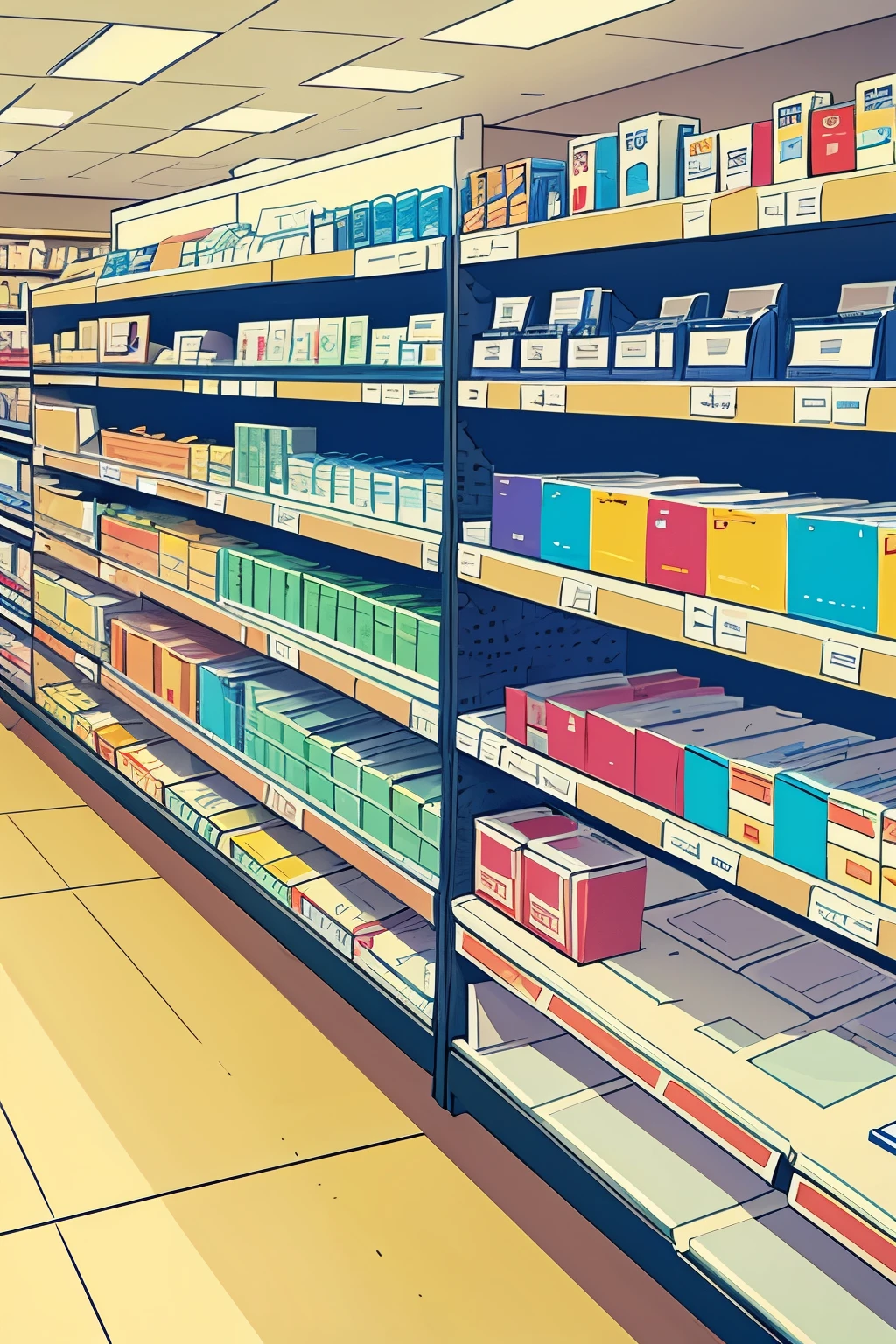 front view of an aisle, front view of a shelf of a pharmacy, no people, comic style