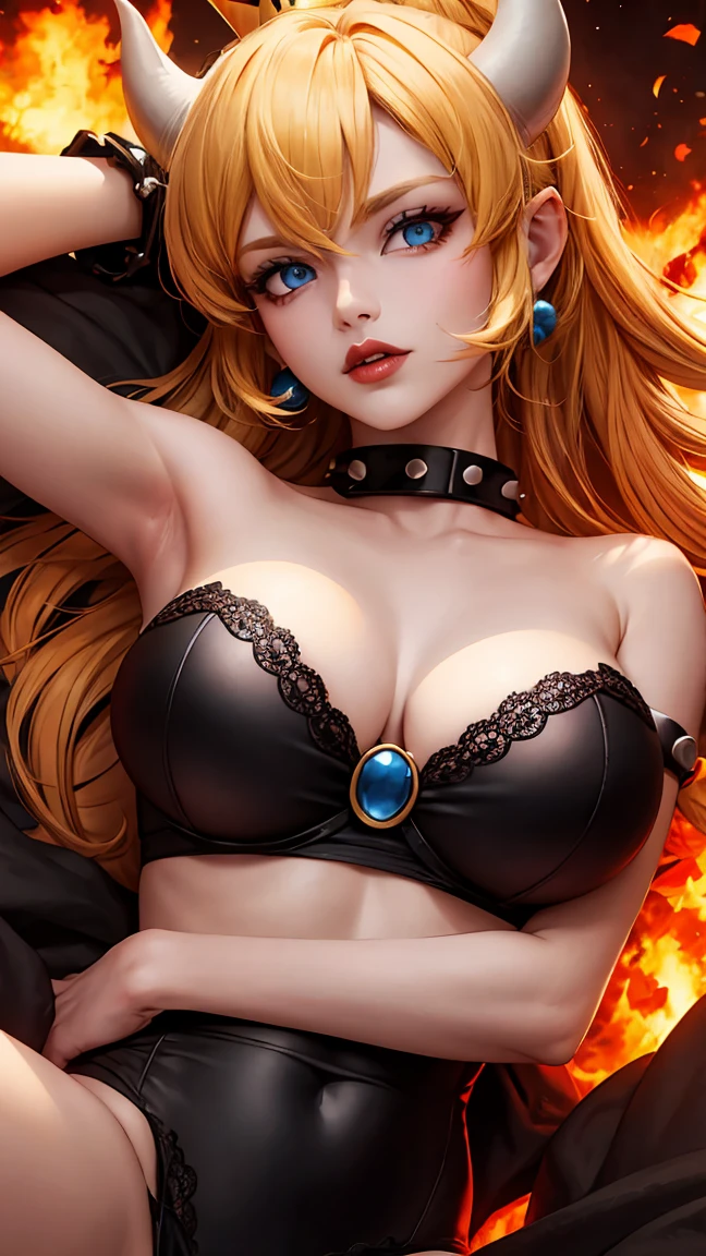 ((high detailed, best quality, 4k, masterpiece, hd:1.3)), ((best quality)), (((HD))), (((8k))), (ultraDH), (ultra HD), Princess Daisy, blue eyes, BREAK blue eyes, seductive, attractive, smooth anime cg art, 36C breasts, long legs, vivid colors, detailed digital art, slim body, perfect skin, dark blonde hair, long hair, blonde hair, blonde hair, BREAK crown, cleavage, 36C cleavage, looking at viewer, BREAK looking at viewer, extremely detailed face, red santa suit, red santa claus suit, santa claus suit, earrings, gem, dark black makeup lips, dark gothic eyeshadows, dark eyeshadows, black eyeshadows, black sexy lips, black lips, (dark:1.2), dark lips, very dark lips, (perfect hands, perfect anatomy), black makeup, black medium lips, black thick lips, detailed fingers, five fingers per hand, 5 fingers, (1 girl), detailed lips, detailed black lips, black painted lips, gothic painted lips, BREAK night, night sky, (breast focus), (arms outstreched:1.2), (from above:1.1), (breasts out:1.3), (off shoulder:1.1), (white horns), (bra), inside a lava castle, she inside a sea of lava, she bathing in lava,