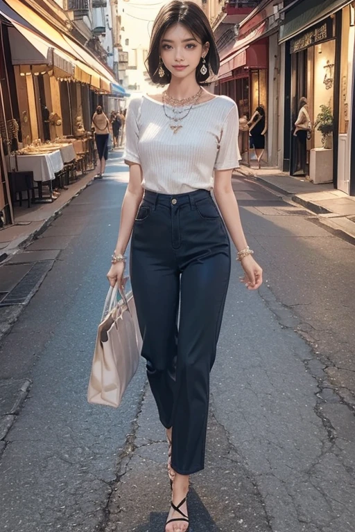 highest quality, Very detailed, masterpiece, 1 person,woman,(((完璧なwomanの体))),Very beautiful face, Very beautiful body,Gentle expression, Very beautiful eyes,(Perfect Makeup:1.1), (((Very beautiful fine hair))),short hair,Shaggy Hair,hair color,Ash Brownの髪:1.3, Very thin body,Smart Abs, dark blue,short sleeve dress shirt,Cotton long pants,necklace,anklet,Elegant sandals,ショートShaggy Hair,Ash Brown,A kind smile,Full body portrait,(Street background:1.3), (Shiny skin), (Many colors:1.4) ,(Earrings),