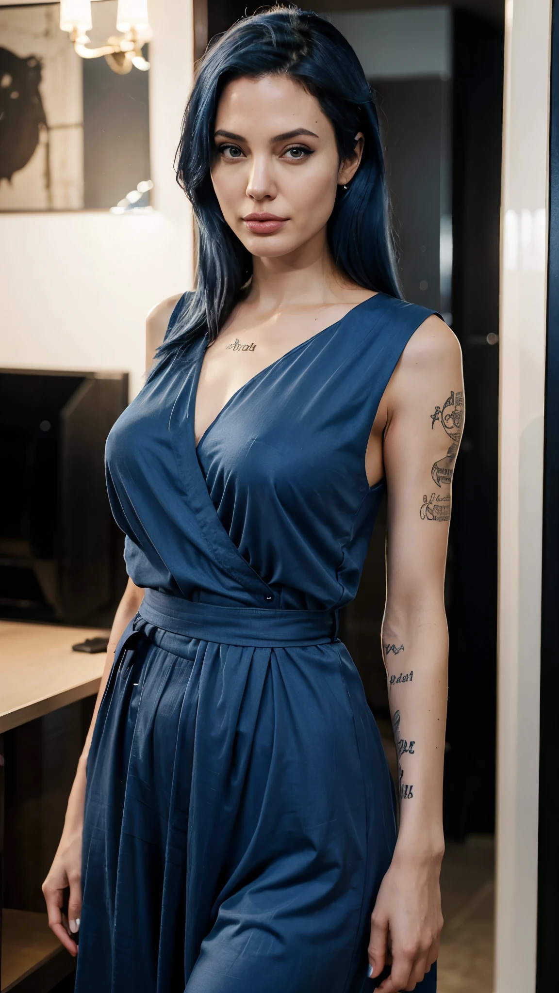 1 woman, 25 years old, medium blue hair, figure beautiful appearance like Angelina Jolie 