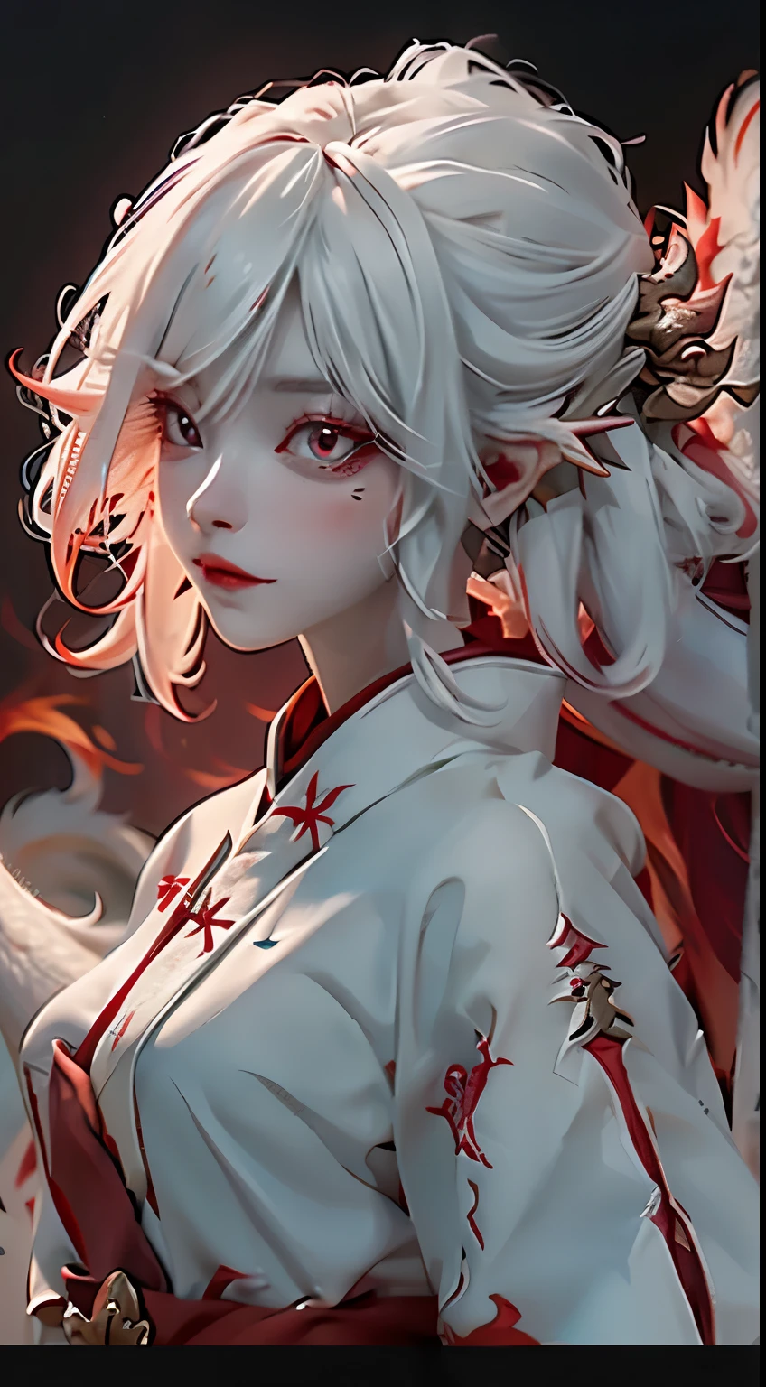 dragon girl,white hair with red strands,red eyes,horns,good quality