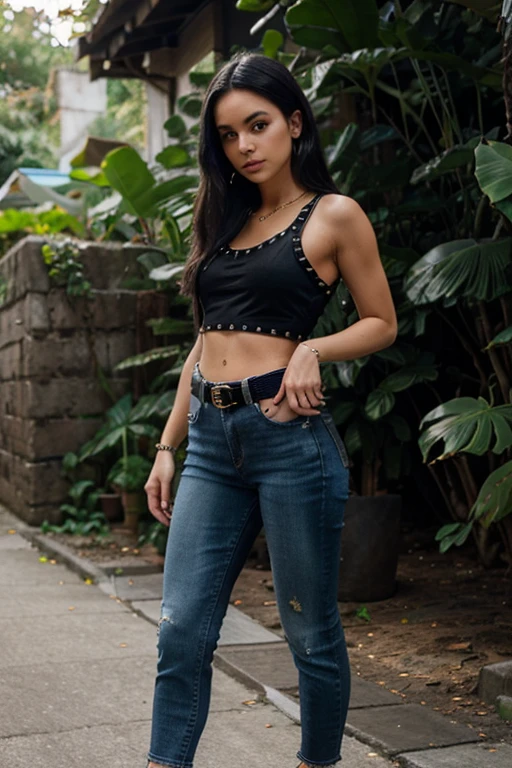black crop tank top, blue jeans, brown studded belt, young woman, black hair, sneakers, standing, jungle