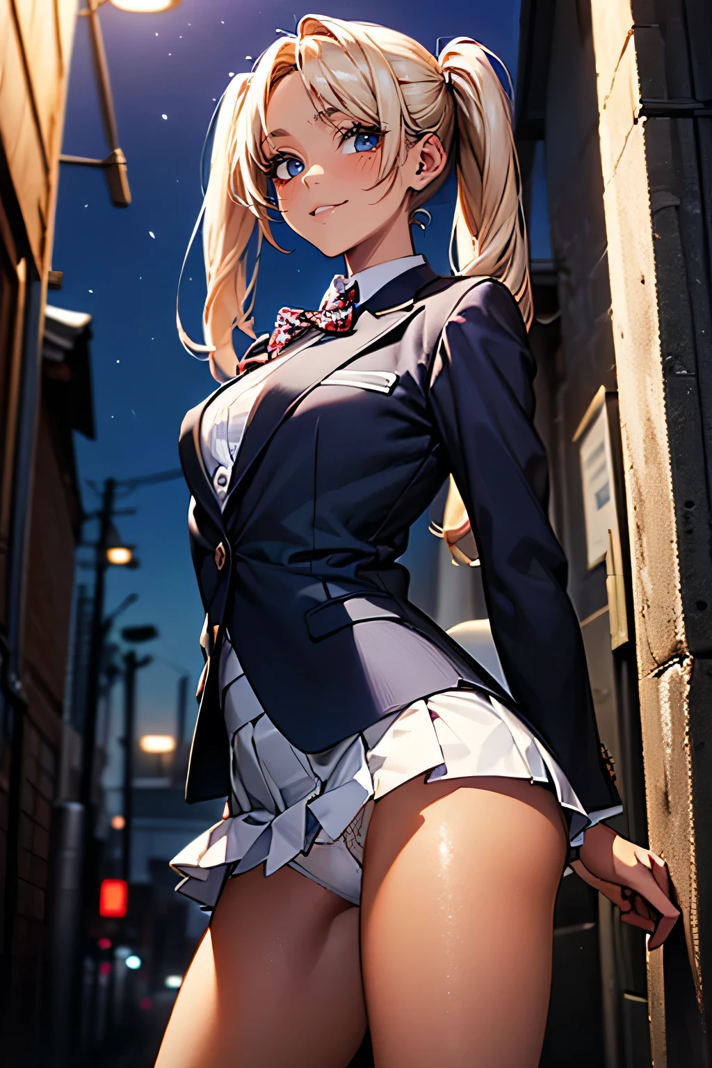 ((Perfect Anatomy:1.2,Realistic:1.3,RAW Photos:1.3,masterpiece、highest quality、Ultra - High resolution、High resolution、Highly detailed CG、8k)),Cowboy Shot,Shooting from below. 1 female,alone,18-year-old、high school girl,beautiful girl,Japanese,((Beautiful and graceful face and eyes:1.2,Big beautiful eyes:1.3,)),blonde,Twin tails,(Center parted hair:1.4,amount),Small Head:1.3,thin,((Dark brown skin:1.4)),(Oily skin,Glowing Skin,Shiny skin),(Provocative smile),(school uniform、Dark blue blazer jacket、Checkered pleated mini skirt),((Roll up your skirt)).,((Show viewers white panties)),Are standing. The background is a dirty back alley,((night)),((dark)),Tokyo.