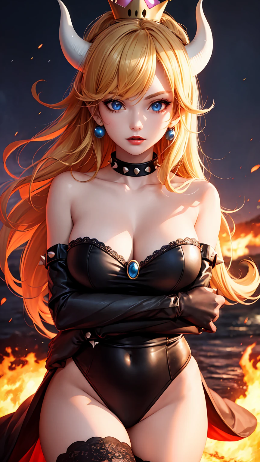 ((high detailed, best quality, 4k, masterpiece, hd:1.3)), ((best quality)), (((HD))), (((8k))), (ultraDH), (ultra HD), Princess Daisy, blue eyes, BREAK blue eyes, seductive, attractive, smooth anime cg art, 36C breasts, long legs, vivid colors, detailed digital art, slim body, perfect skin, dark blonde hair, long hair, blonde hair, blonde hair, BREAK crown, cleavage, 36C cleavage, looking at viewer, BREAK looking at viewer, extremely detailed face, red santa suit, red santa claus suit, santa claus suit, earrings, gem, dark black makeup lips, dark gothic eyeshadows, dark eyeshadows, black eyeshadows, black sexy lips, black lips, (dark:1.2), dark lips, very dark lips, (perfect hands, perfect anatomy), black makeup, black medium lips, black thick lips, detailed fingers, five fingers per hand, 5 fingers, (1 girl), detailed lips, detailed black lips, black painted lips, gothic painted lips, BREAK night, night sky, (breast focus), (arms outstreched:1.2), (from above:1.1), (breasts out:1.3), (off shoulder:1.1), (white horns), (bra), inside a lava castle, she inside a sea of lava, she bathing in lava,