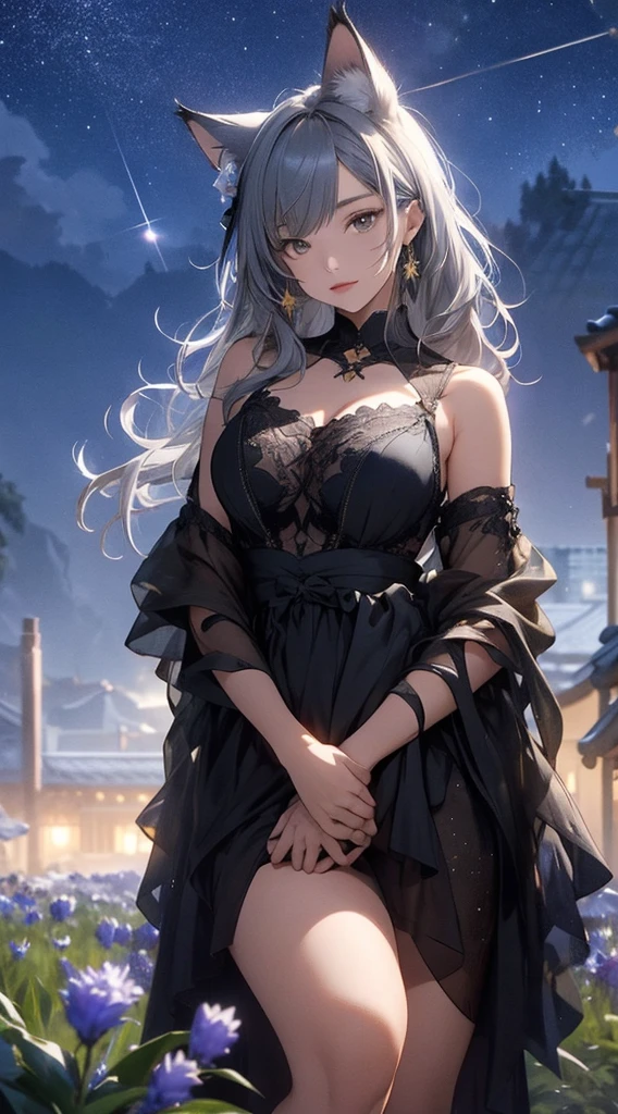 masterpiece, high quality, 4K, Beautiful design, silhouette，Gray Hair， 非常に詳細な夜のStarry Sky,Flower Field， wonderful, Finer details,  Very knowledgeable woman, Highly detailed solo, 1 female,Cat ear，Big Breasts，Ninja costume，Night view，Starry Sky，full moon，