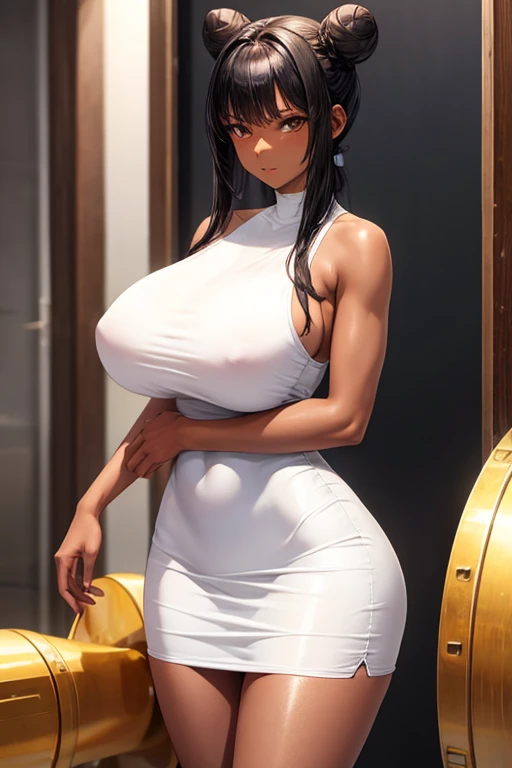 black hair, tall, shiny skin, glossy skin, huge breasts, fit, dark skin, very dark skin, very long legs , cameltoe, tight short white dress, bun, bangs