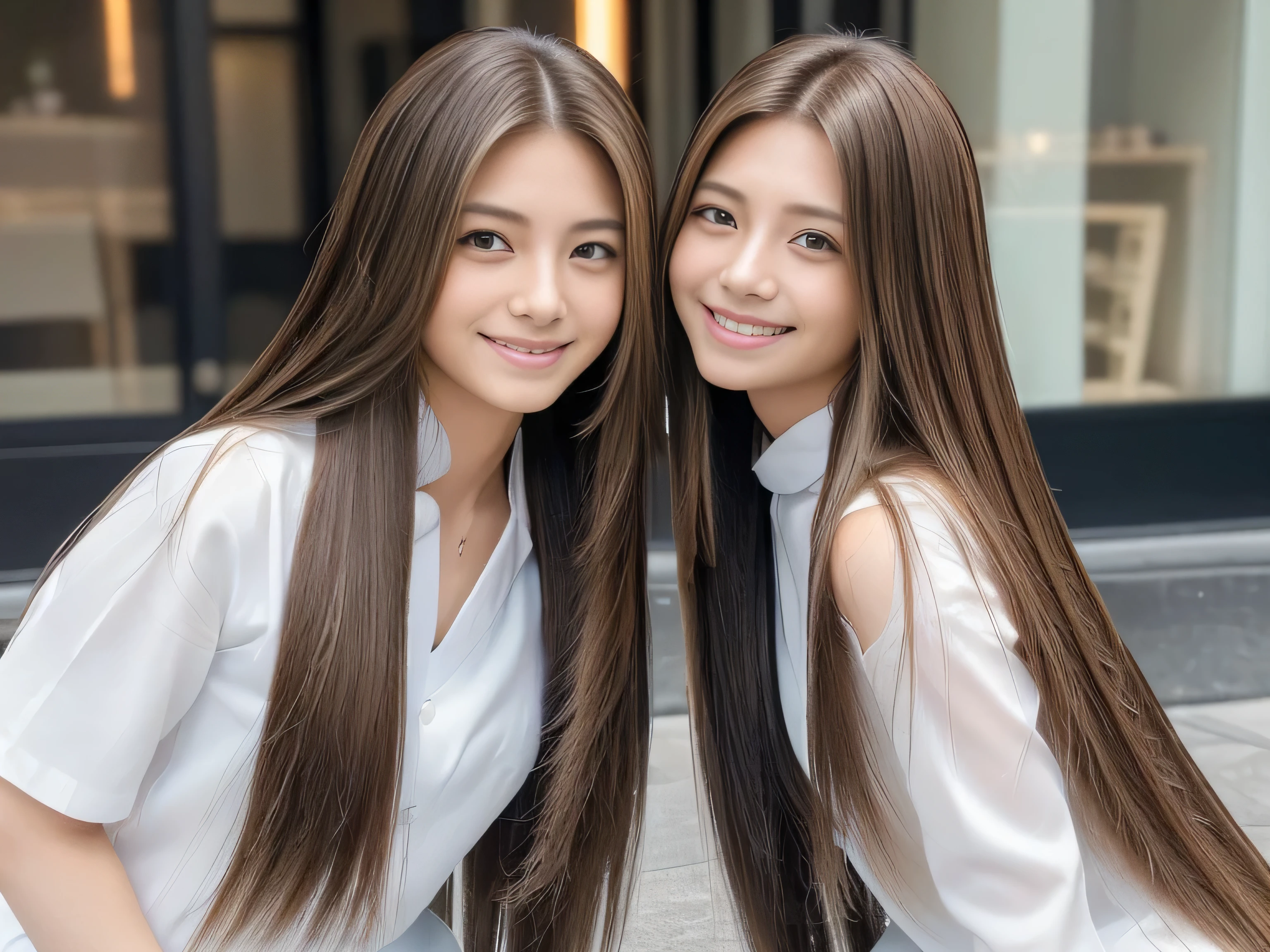 (Identical twins kneeling :1.3) (The two are posing happily.:2.0) (shot from the neck up:1.2) (See her in the middle of a crowded street in Japan、They look happy.) (White Lingerie), (The most beautiful 24-year-old hair model in Japan) ((Beautiful 24-year-old hair model with long light brown hair, girl with super Very long hair that reaches down to the ankles, extremely Very long hair that reaches down to the ankles, Very long hair that reaches down to the ankles,Very long hair that reaches down to the ankles , Flowing Hair, very Very long hair that reaches down to the ankles, Very long hair that reaches down to the anklesgirl,Very long hair that reaches down to the ankles , flowing light brown hair, length Hair windy, very long light brown hair, flowing light brown hair,Incredibly straight long-lasting hair, Abnormally long hair!!!! Her highest quality!!!! hair is long and straight., Very long light brown hair that reaches down to her ankles, highest quality light brown hair , Abnormally long hair that lasts forever!!!!!, Highest quality long straightなVery long hair that reaches down to the ankles straight, beautiful, High quality hair, Very long hair that reaches down to the ankles and bright brown hair highest quality straightVery long light brown hair that reaches down to her ankles, straight, highest quality light brown hair, Perfect silky straight hair of the highest quality, straight, highest quality light brown hair , lengthLight brown hair straight hair, length, Thick and voluminous light brown hair Her hair is long and straight, very long light brown hair, length Abnormally long hair that lasts forever!!!!!, Extremely long, straight, light brown hair that reaches down to her ankles, Abnormally very long straight, beautiful hair of the highest quality, length Hair, length, straight light brown hair ,異常に非常に永遠に続く長い明るい茶色の髪 and free straight light brown hair , straight light brown hair)) (Their bangs are perfect.:1.3) ((highest quality)), ((masterpiece)), (Familiar) (Get used to it) Perfect Face (Their skin is the typical Japanese skin color.... And very detailed) (Large Breasts:1.6) (They are wearing shiny, beautiful, pure white camisoles.) (They have beautiful faces and typical Japanese body types...., Narrow eyes) (She has perfect beautiful and sexy makeup and face Lipstick is light red A solid eyeliner) ((Rich 1.4)) (Extremely detailed 8K) (Ultra-fine skin texture 1.4) (Actual, Vibrant:1.4), double eyelid Sharp focus:1.2、Beautiful woman:1.4 Dynamic Lighting (Genuine RAW photos taken by professional photographers) Professional Hair Shine. (They have bright and random sensual expressions.) (Their faces are slender and dignified.., length, Narrow eyes..々Nice face)