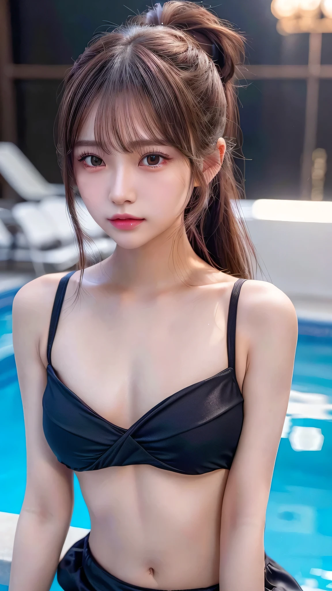 Outdoor,midnight,Very large pool,It's dark outside,Lit up with neon lights,bikini,Blushing,Facing forward,Small breasts,14 years old,Long hair ponytail,((8K, Raw photo, Best Quality, Mastepiece:1.2), (Realism, Photorealistic:1.4), (Highly detailed 8K wallpapers), Depth of written boundary, Cinematic Lighting, Soft Light, Detailed Beauty Eye,Shiny and smooth light brown ponytail, Asymmetrical bangs, Shiny skin, Ultra-detailed skins ,It is high resolution., High detail, Detailed hairstyle, Detailed facial beauty, Hyper-realistic, Perfect limbs, Perfect Anatomy ,1 Japanese girl,Famous Japanese Idols, Perfect female body,A shy smile,Short eyelashes,Double-edged eyelids,Look straight here,Hair style: ponytail,