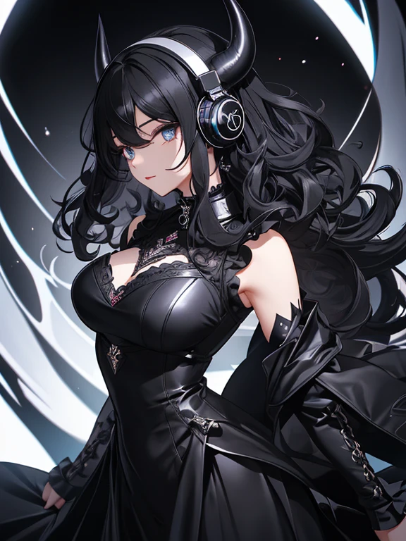 1 Female、Devils Rock Women、Black metallic headphones、An elegant dress inspired by devils and rock music、Shiny black material、Black Hair、Curly Hair、Big droopy eyes、Sparkling eyes、Leaning forward、Perfect proportions