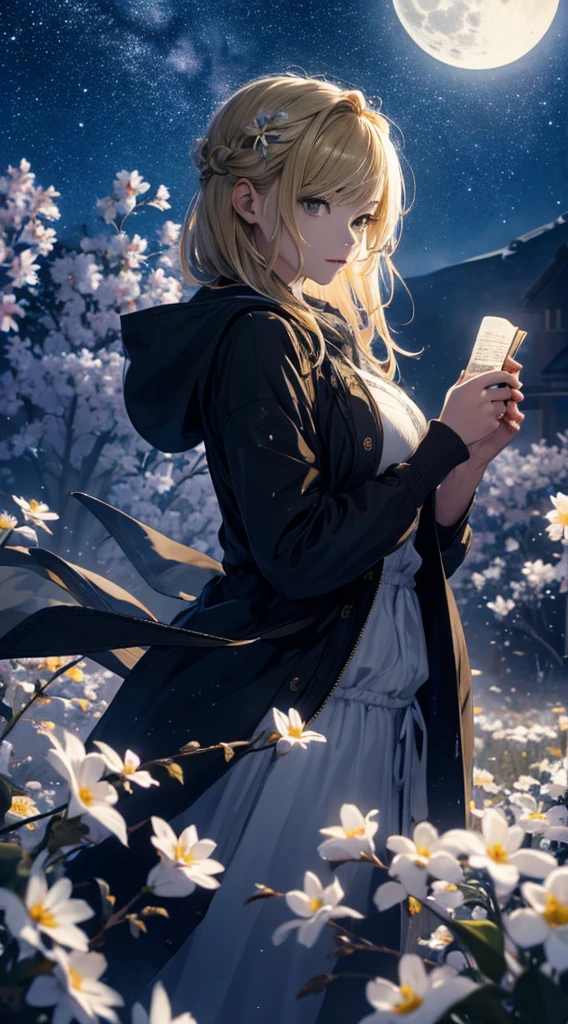 masterpiece, high quality, 4K, Beautiful design, silhouette，blonde， 非常に詳細な夜のStarry Sky,Flower Field， wonderful, Finer details,  Very knowledgeable woman, Highly detailed solo, 1 female,Beautiful Eyes，I like rumors，Big Breasts，Hooded parka，mini skirt，Night view，Starry Sky，full moon，