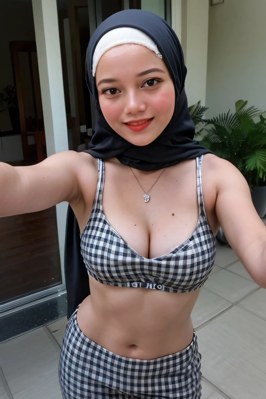 a beautiful Malaysian woman smiling with hijab standing outside, ((showing armpits)), chubby but fit, wearing hijab, wearing lace bra and penties, Zeiss planar t* 88mm f/1.2, kodak portrait, UHD image, sovietwave, distinct facial features